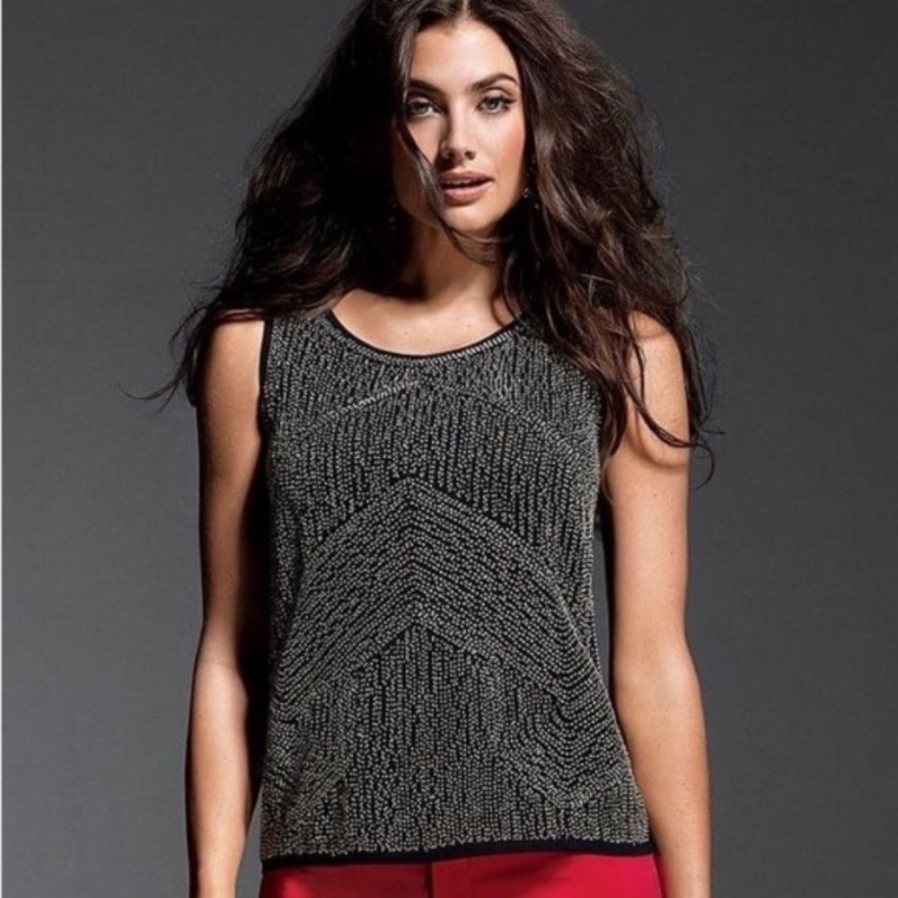 Cache | Y2K Vintage Beaded Black Sleeveless Tank Top XS Glam